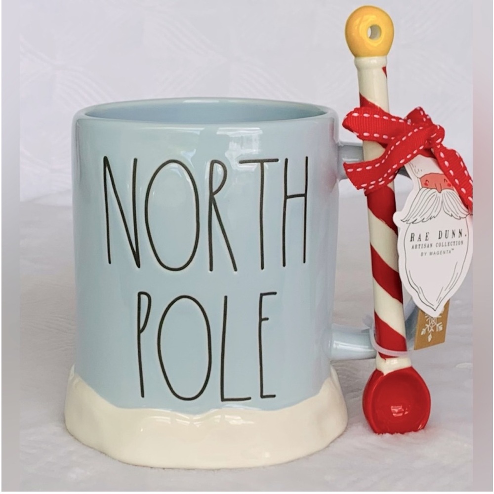 Rae Dunn | “North Pole “ Blue w/Snow Ceramic Christmas Mug w/spoon 16oz